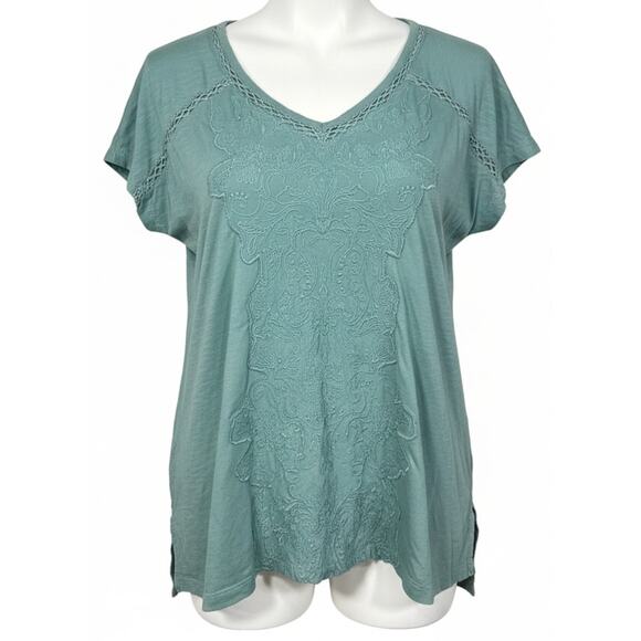 Gloria Vanderbilt Top Tee Shirt Women Size S Green Modal Blend Embroidered Boho - Picture 1 of 9